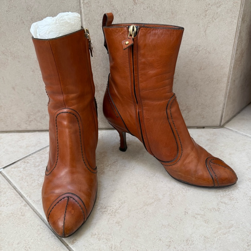 Louis Vuitton Cognac Beautiful Stitching Ankle Boots 38.5